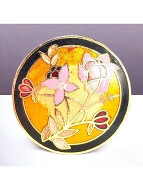 Vtg Orange Cloisonné Brooch Purple Flower Gold Tone Enamel Round 1-1/4" Yellow